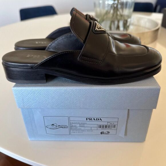 Prada Black Square Toe Leather Logo Slip-On Mules EU 36.5 US 6.5 Authentic - Picture 8 of 10